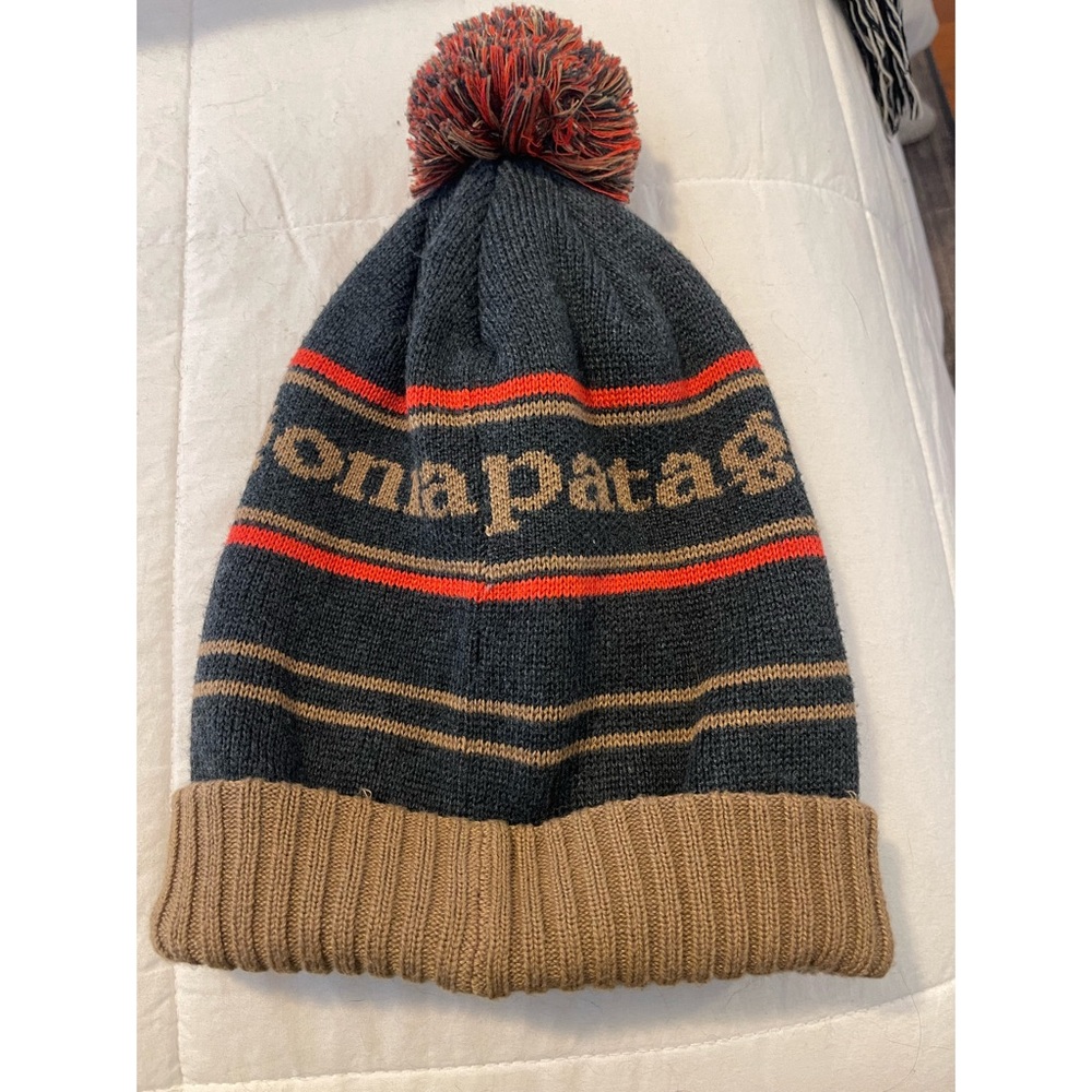 Patagonia Powder Town Beanie OS — navy/gray, red, tan with multi colored pom